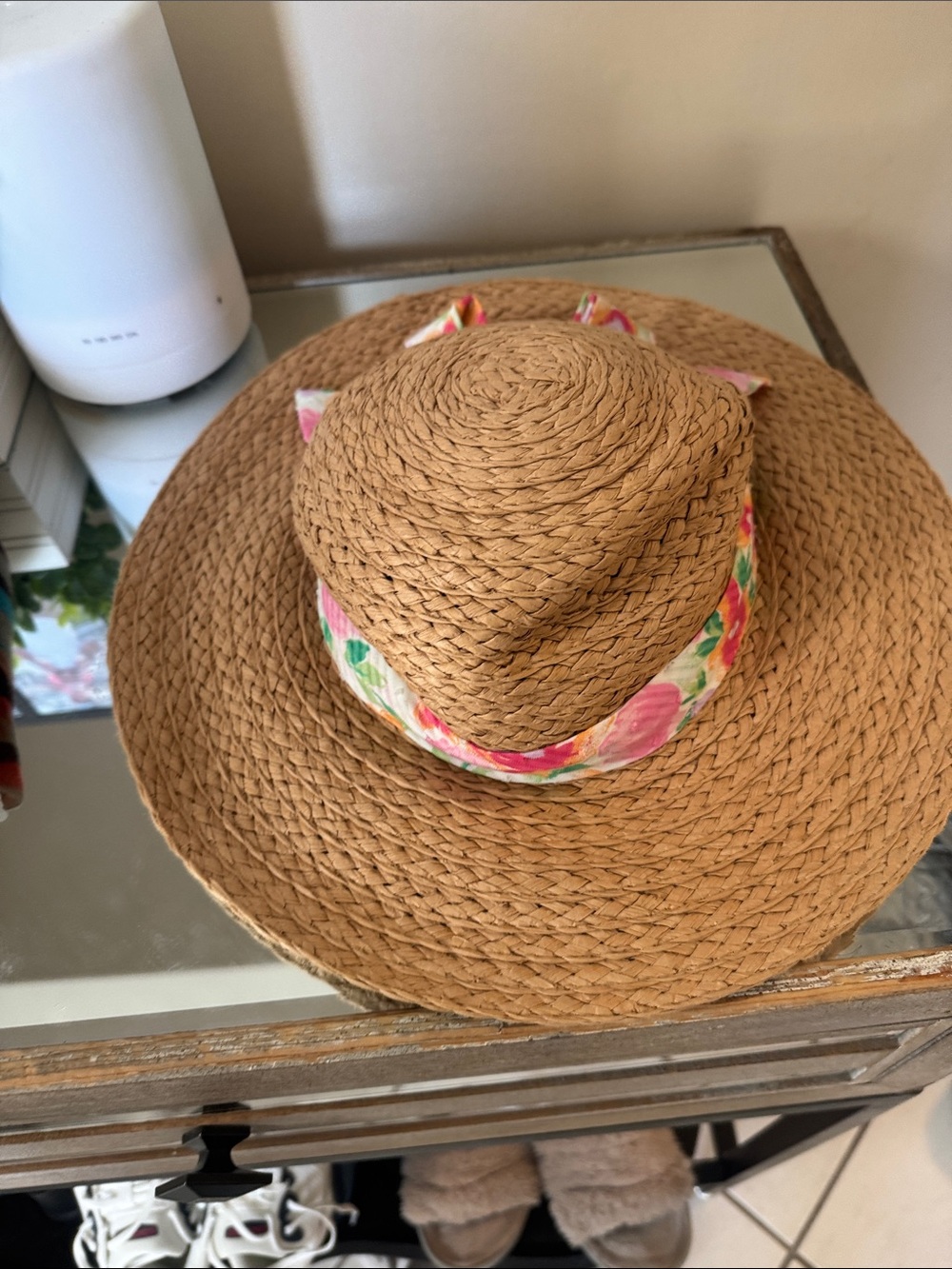 Straw Sun Hat with Pink Floral Band - Women Accessories